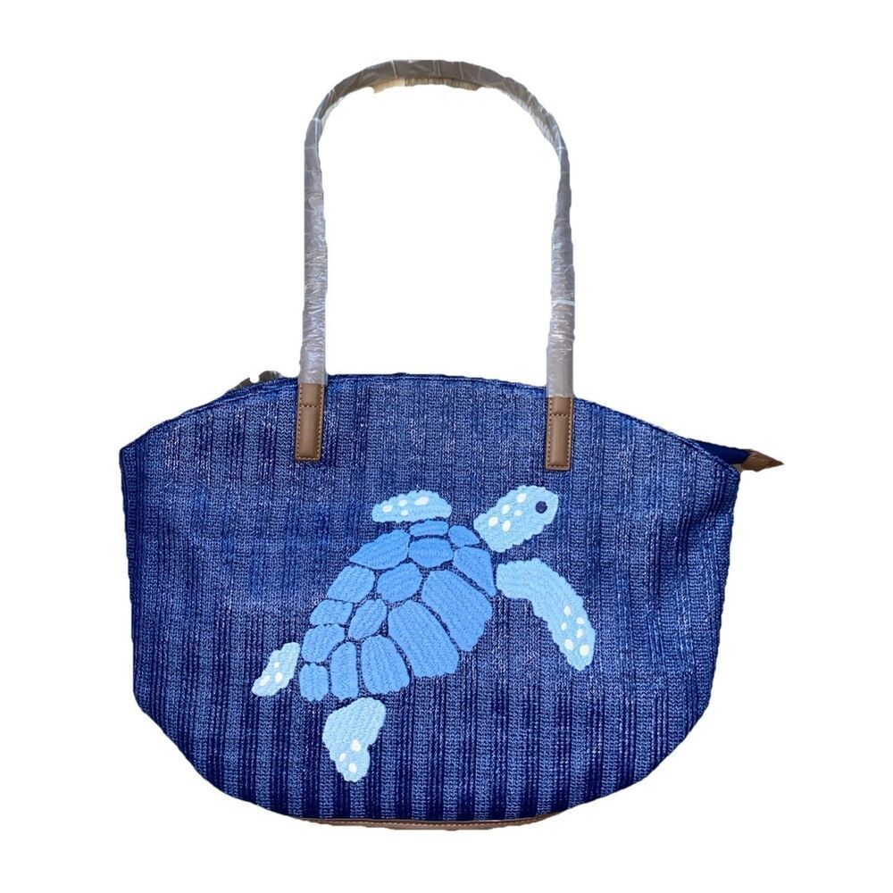 Vera Bradley Soft Blue Straw Tote Bag Sea Turtle Ocean Theme Vacay Vibes